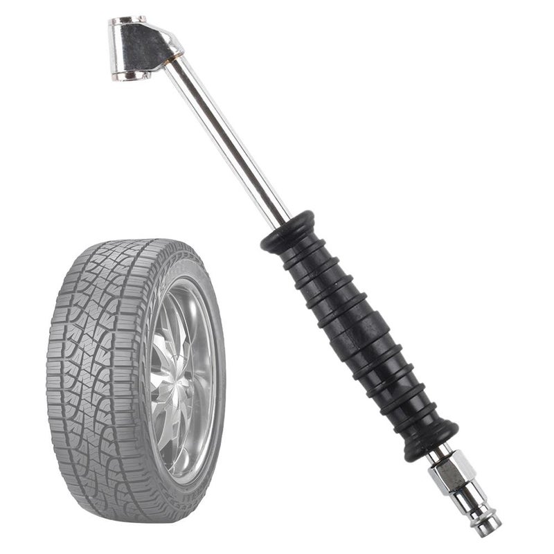 Car tire quick inflator nozzle, extended angled rod with dial indicator, representing European style elbow nozzle.